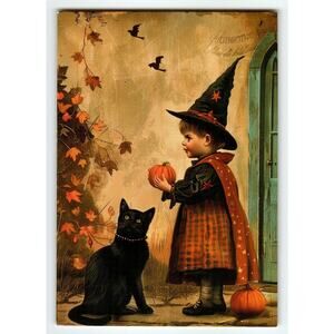 Vintage Halloween Postcard Child Witch with Black Cat & Pumpkins